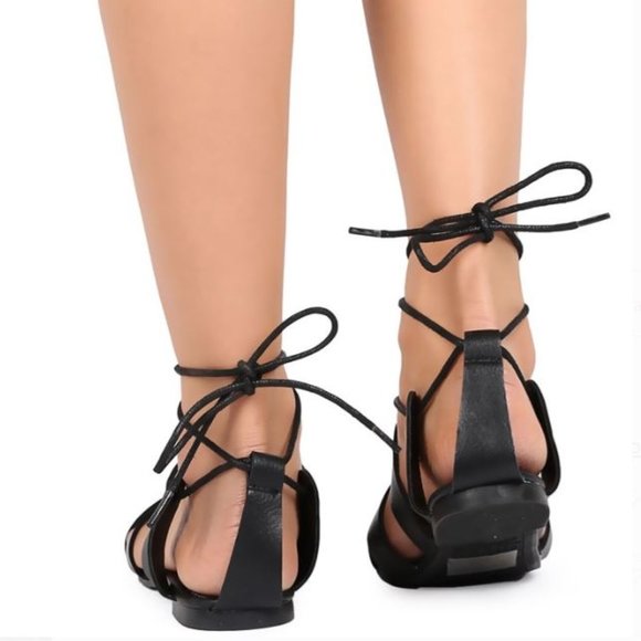New Black Lace Up Gladiator Flat Sandals - Picture 2 of 2